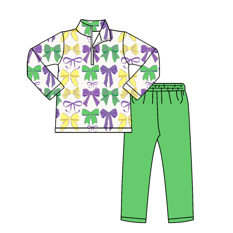 (Pre-order)GLP3288 Bows Zipper Top Green Pants Girls Mardi Gras Clothes Set