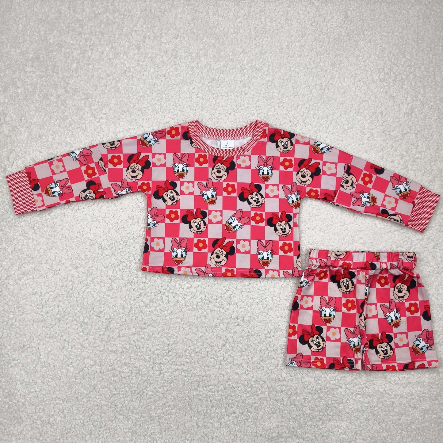 GLS0010 Cartoon Mouse Flowers Bows Print Long Sleeve Top Shorts Girls Summer Clothes Set