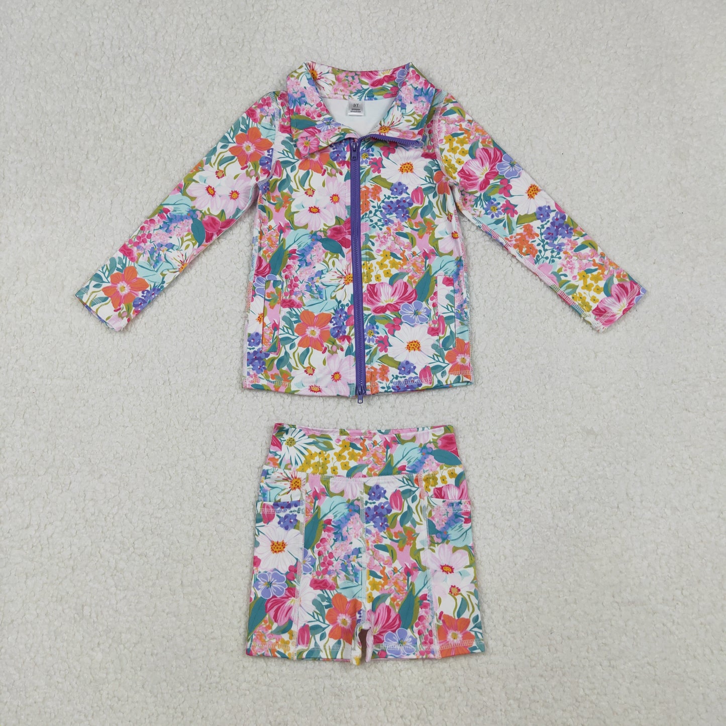 GLS0012 Colorful Flowers Zipper Top Shorts Girls Yoga Clothes Set