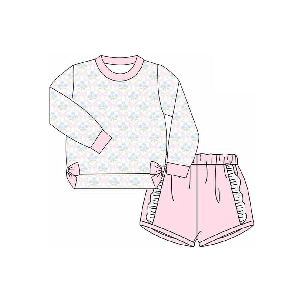 (Pre-order)GLS0014 Flowers Bows Long Sleeve Top Pink Shorts Girls Clothes Set