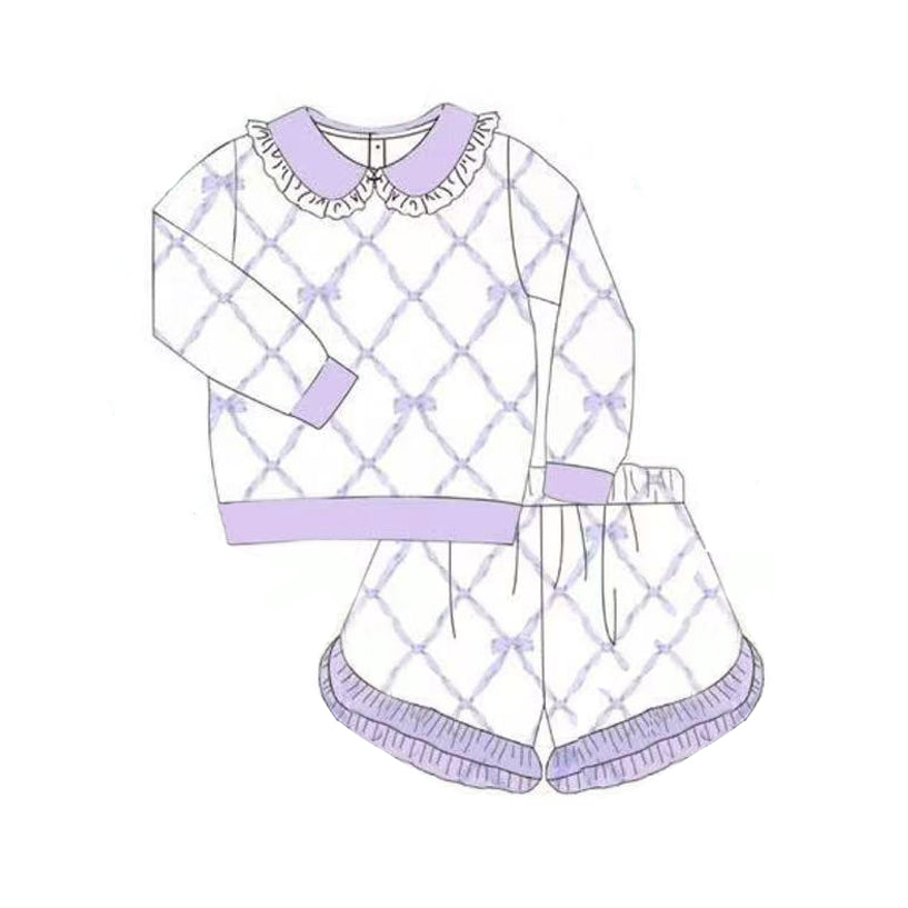 (Pre-order)GLS0032 Purple Bows Print Long Sleeve Top Shorts Girls Clothes Set
