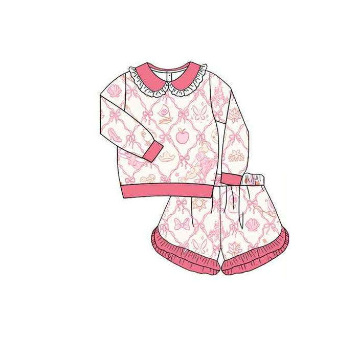 (Pre-order)GLS0038 Cartoon Princess Bows Print Shorts Girls Clothes Set
