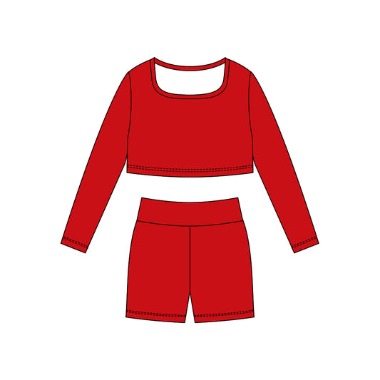 (Pre-order)GLS0039 Red Color Crop Top Shorts Girls Yoga Clothes Set