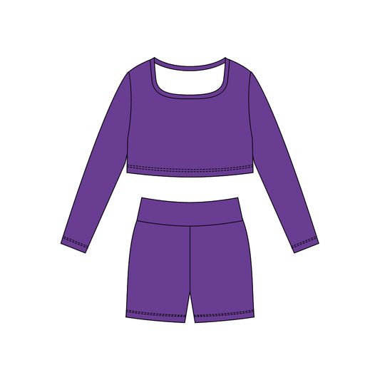(Pre-order)GLS0040 Purple Color Crop Top Shorts Girls Yoga Clothes Set