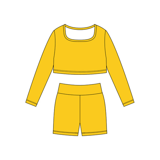 (Pre-order)GLS0041 Yellow Color Crop Top Shorts Girls Yoga Clothes Set