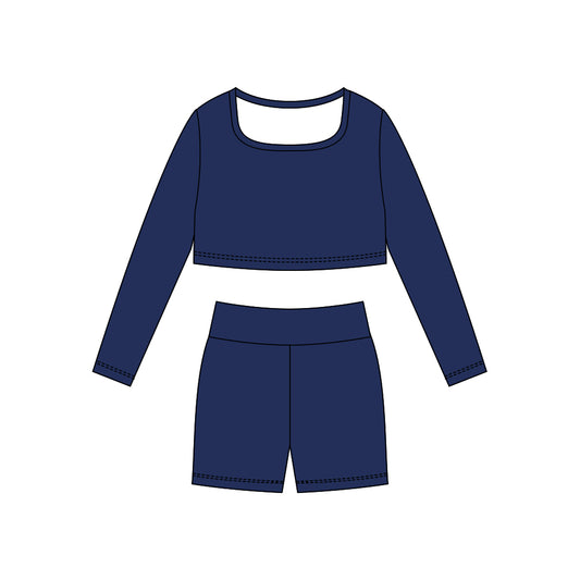 (Pre-order)GLS0042 Navy Color Crop Top Shorts Girls Yoga Clothes Set