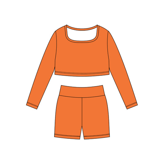(Pre-order)GLS0043 Orange Color Crop Top Shorts Girls Yoga Clothes Set