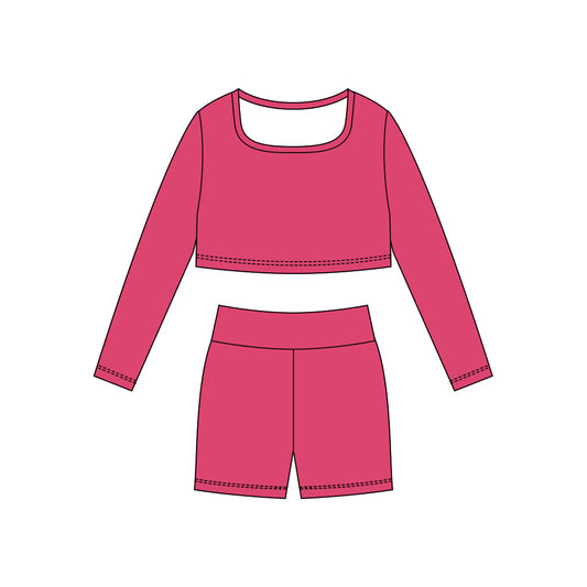 (Pre-order)GLS0046 Hot Pink Color Crop Top Shorts Girls Yoga Clothes Set