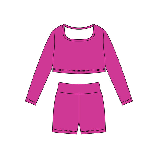 (Pre-order)GLS0047 Purple Color Crop Top Shorts Girls Yoga Clothes Set