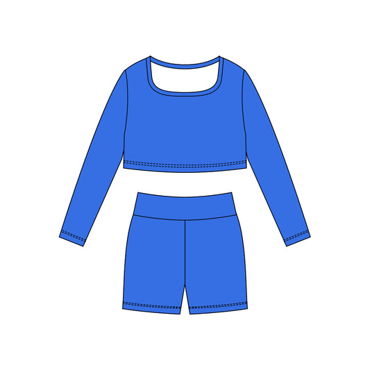 (Pre-order)GLS0048 Blue Color Crop Top Shorts Girls Yoga Clothes Set