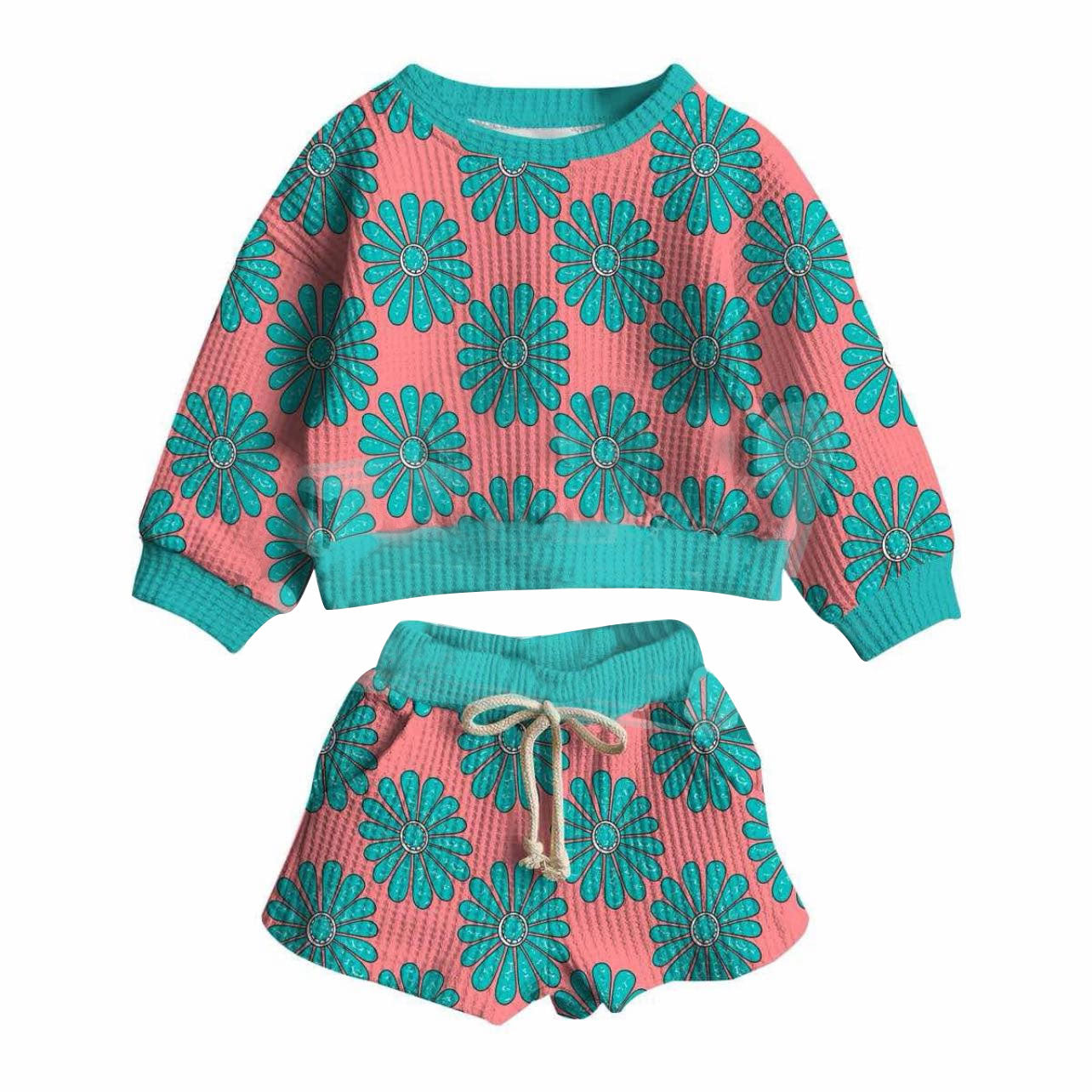(Pre-order)GLS0065 Turquoise Long Sleeve Top Pockets Shorts Girls Summer Clothes Set
