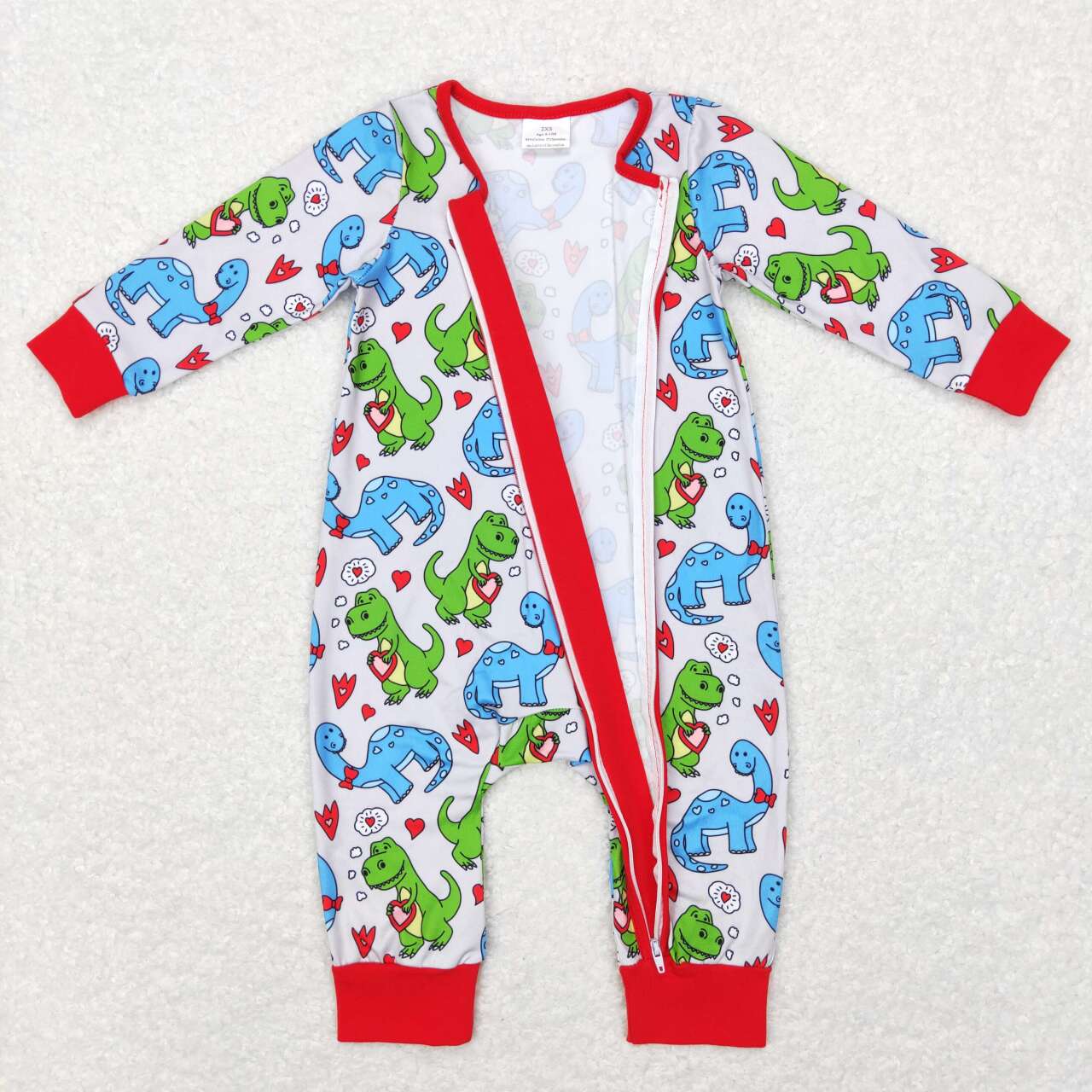 LR0831 Dino Heart Print Baby Boys Sleeper Zipper Valentine's Romper