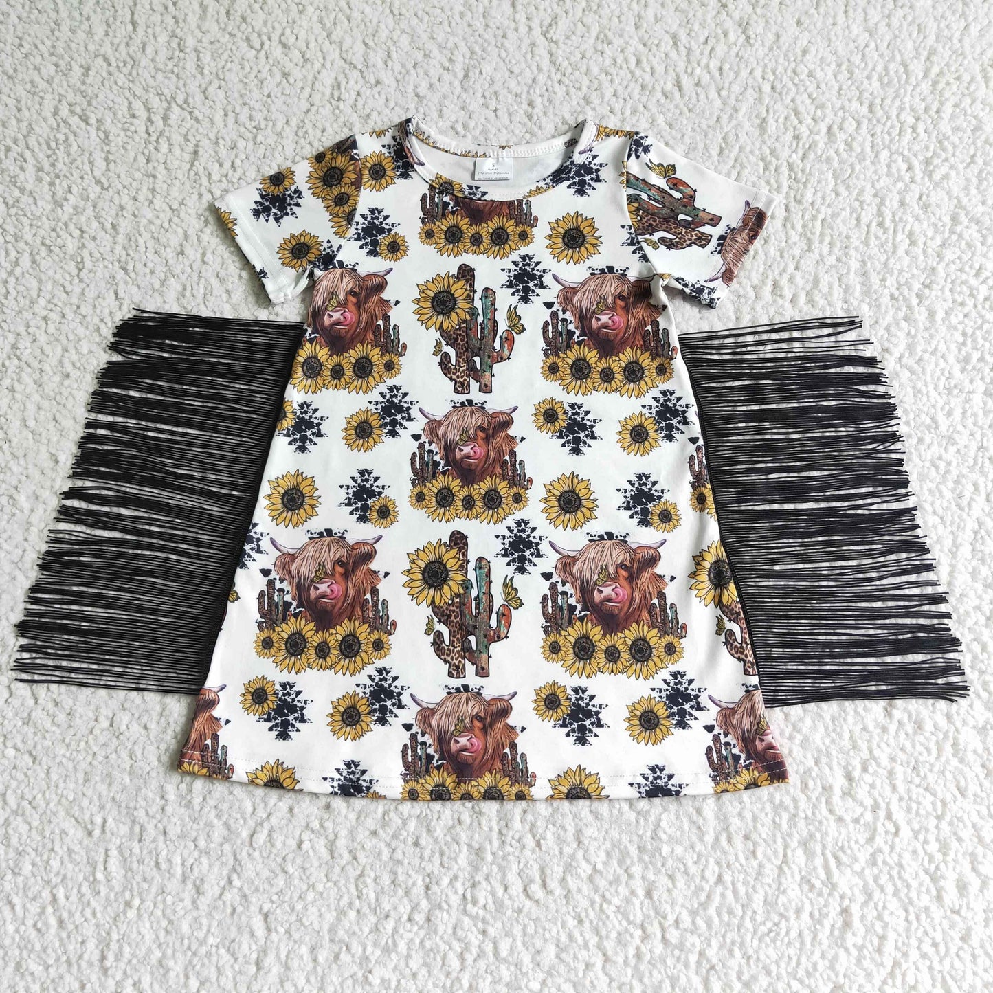 (Promotion)Short Sleeves knee length sunflower highland cow print tassels dress GSD0084