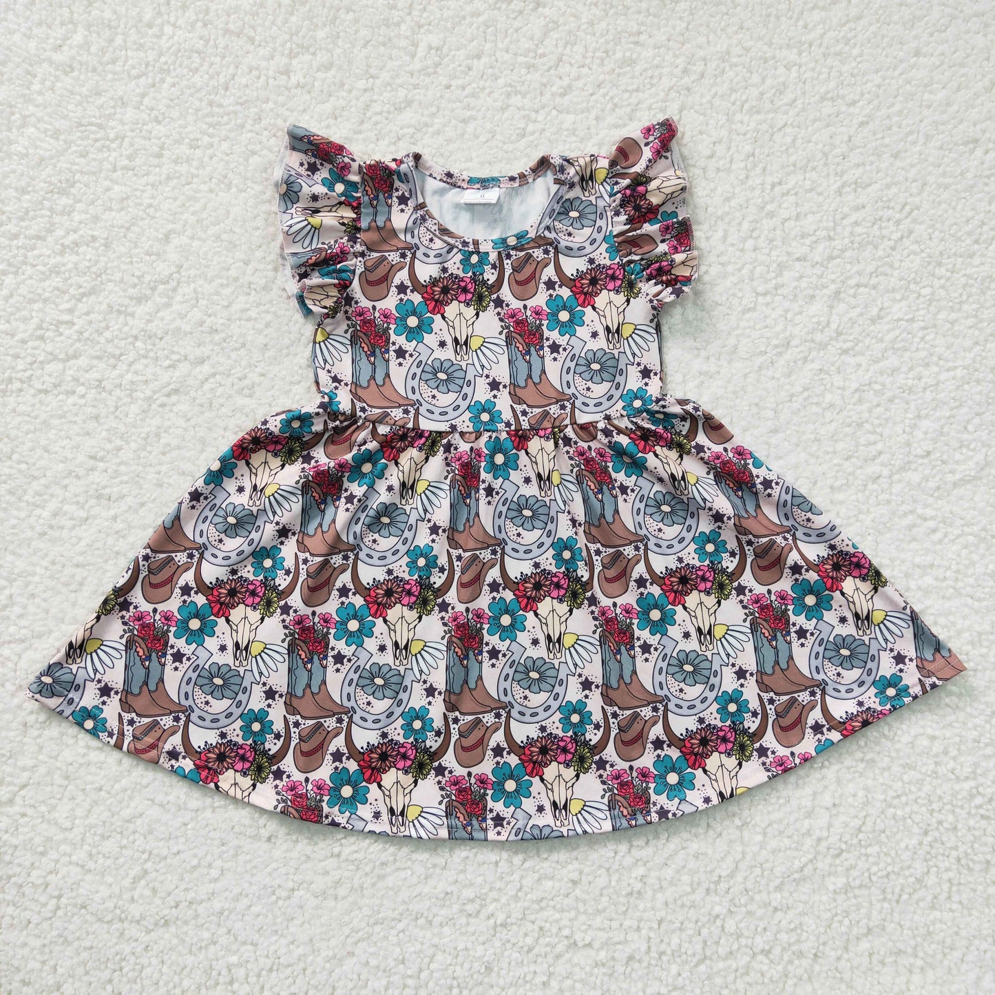 (Promotion)Girls cow skull flowers western print dress GSD0165