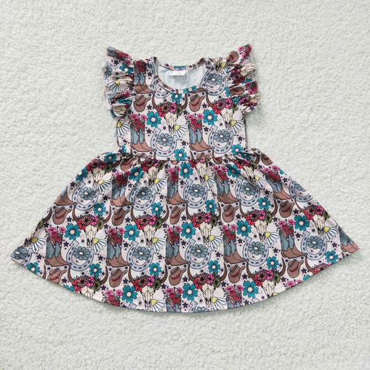 (Promotion)Girls cow skull flowers western print dress  GSD0165