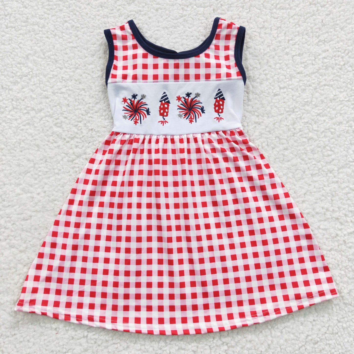 GSD0330 Girls embroidery 4th of July red plaid dress