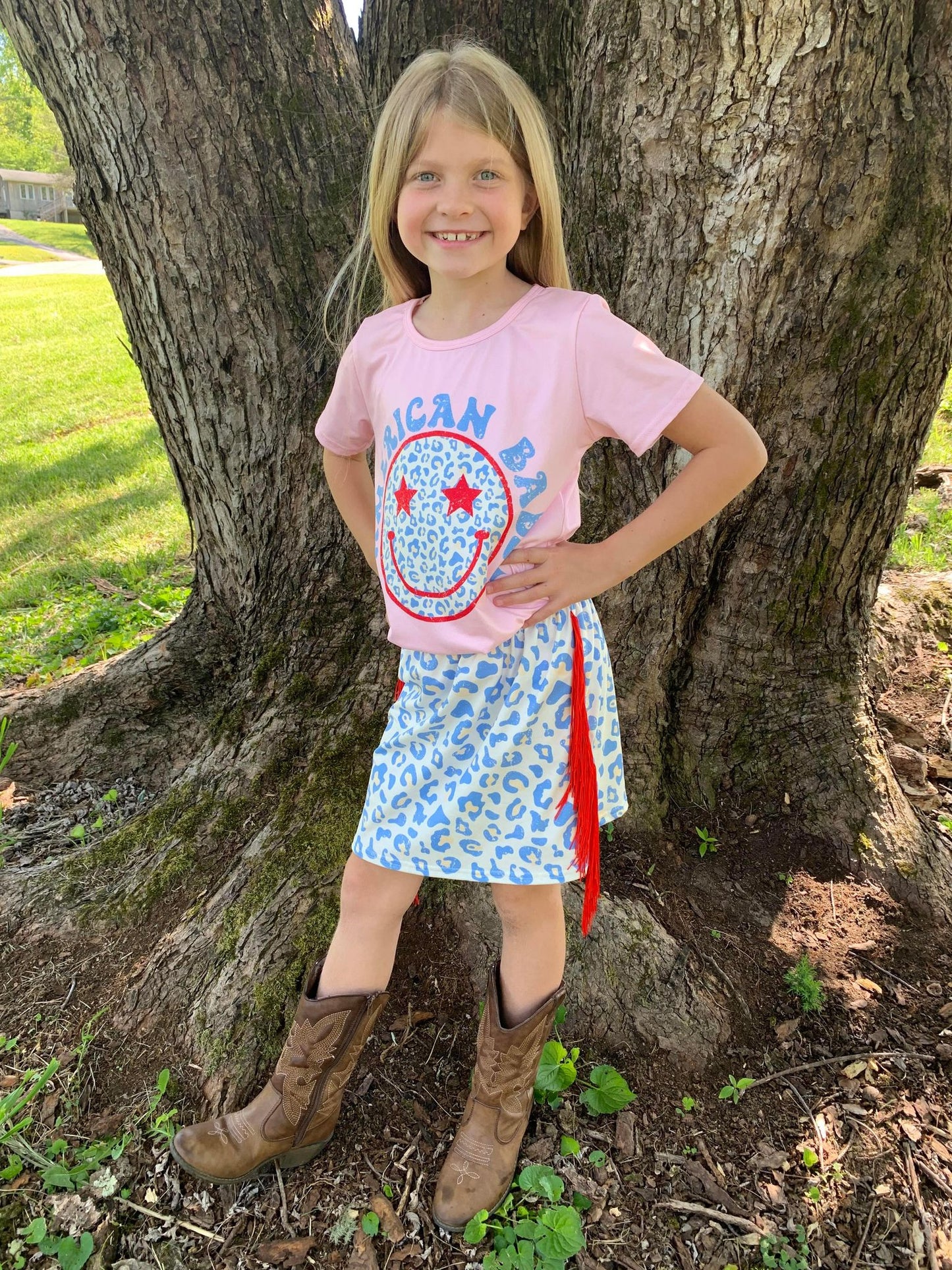 GSD0339 Girls American Babe leopard print tassels skirt 4th of July outfits