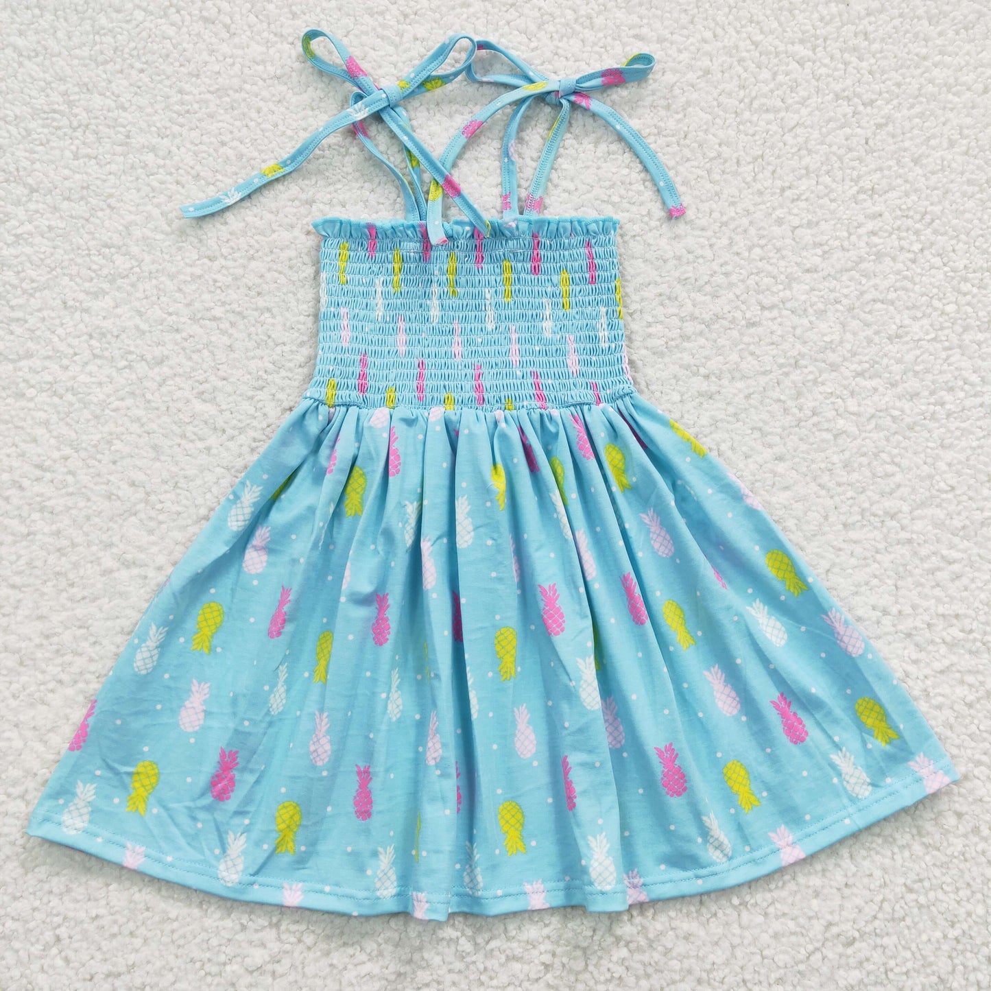 (Promotion)GSD0350 Girls spaghetti strap blue ananas summer smocking dress