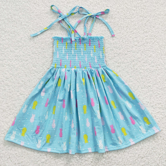 (Promotion)GSD0350 Girls spaghetti strap blue ananas summer smocking dress