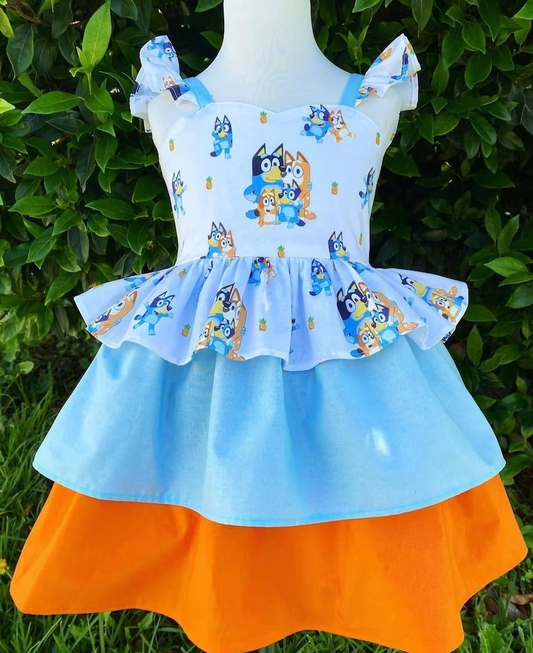 GSD0396 Blue cartoon dogs knee length girls summer dress