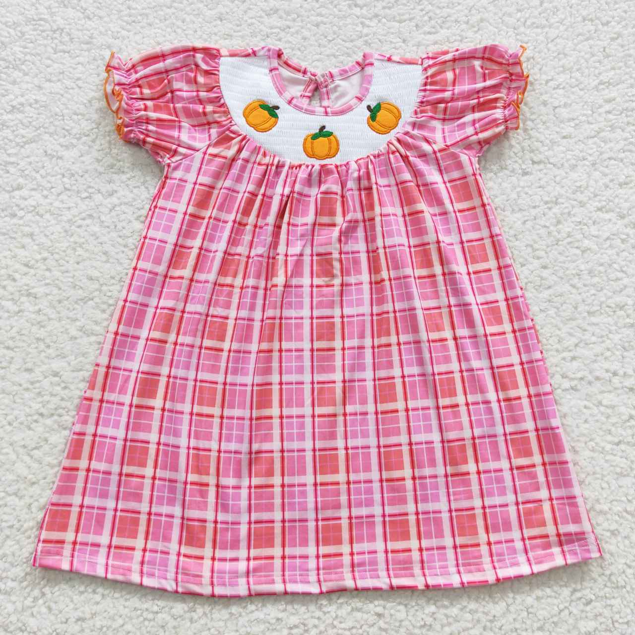 GSD0423 Pumpkin Embroidery Pink Plaid Girls Fall Knee Length Smocked Dress