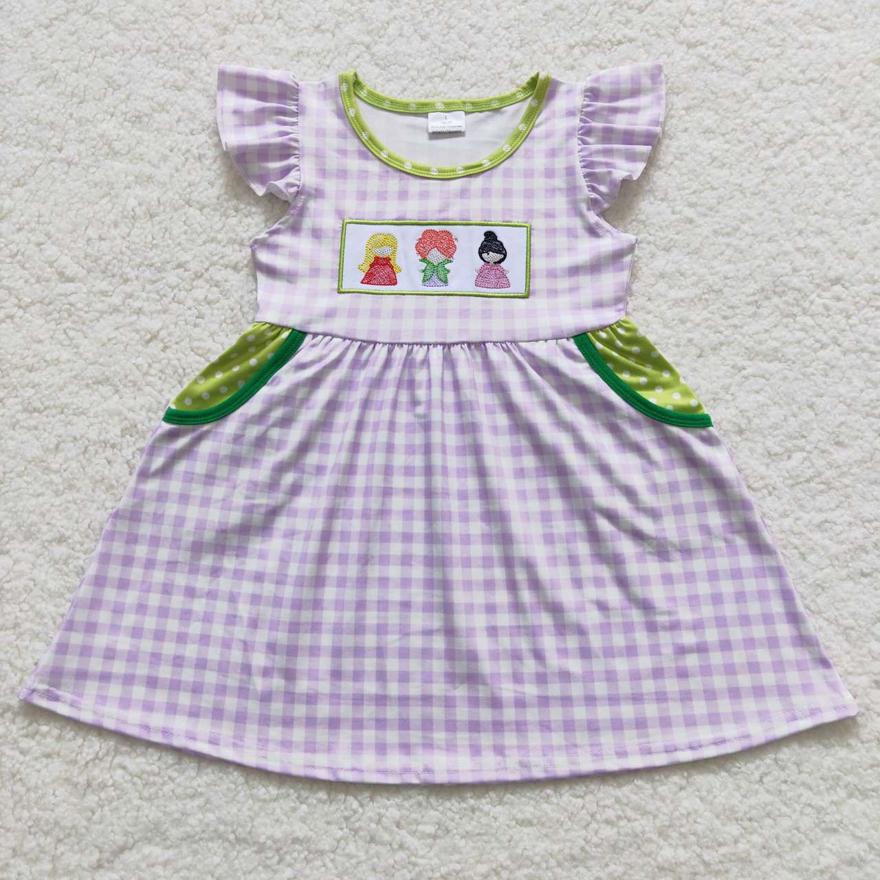 GSD0451 Flutter sleeves purple plaid witch embroidery Halloween knee length dress