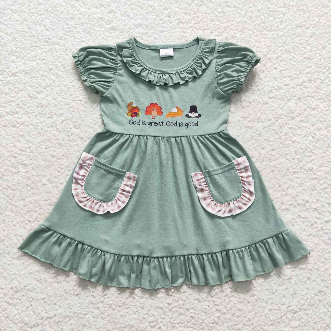 GSD0481 God is great God is good print girls Thanksgiving knee length dress