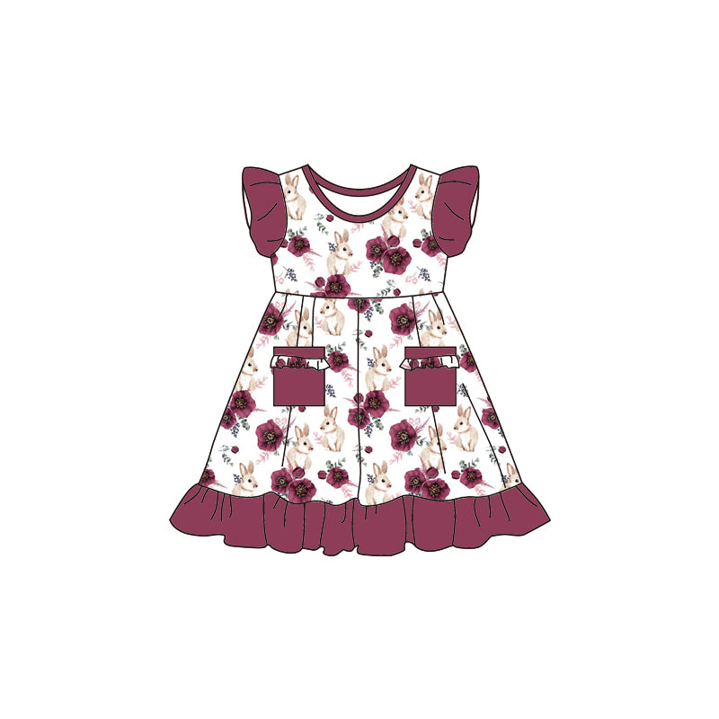 (Pre-order) GSD0496 Wine Flowers Bunny Print Girls Knee Length Easter Dress