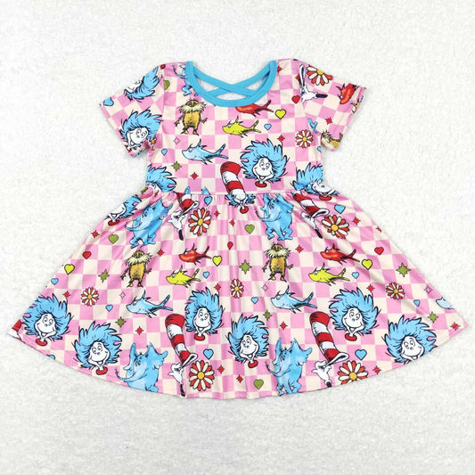 GSD0503 Cartoon Cat Dr. Reading Print Girls Knee Length Dress