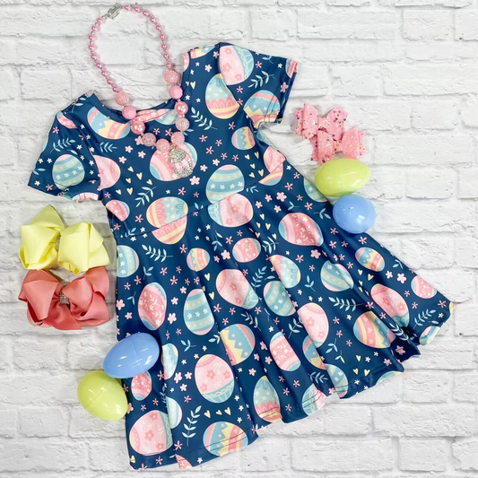 (Pre-order)GSD0533 Flowers Egg Print Girls Knee Length Easter Dress