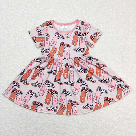 GSD0542 Heart Boots Print Girls Western Valentine's Knee Length Dress