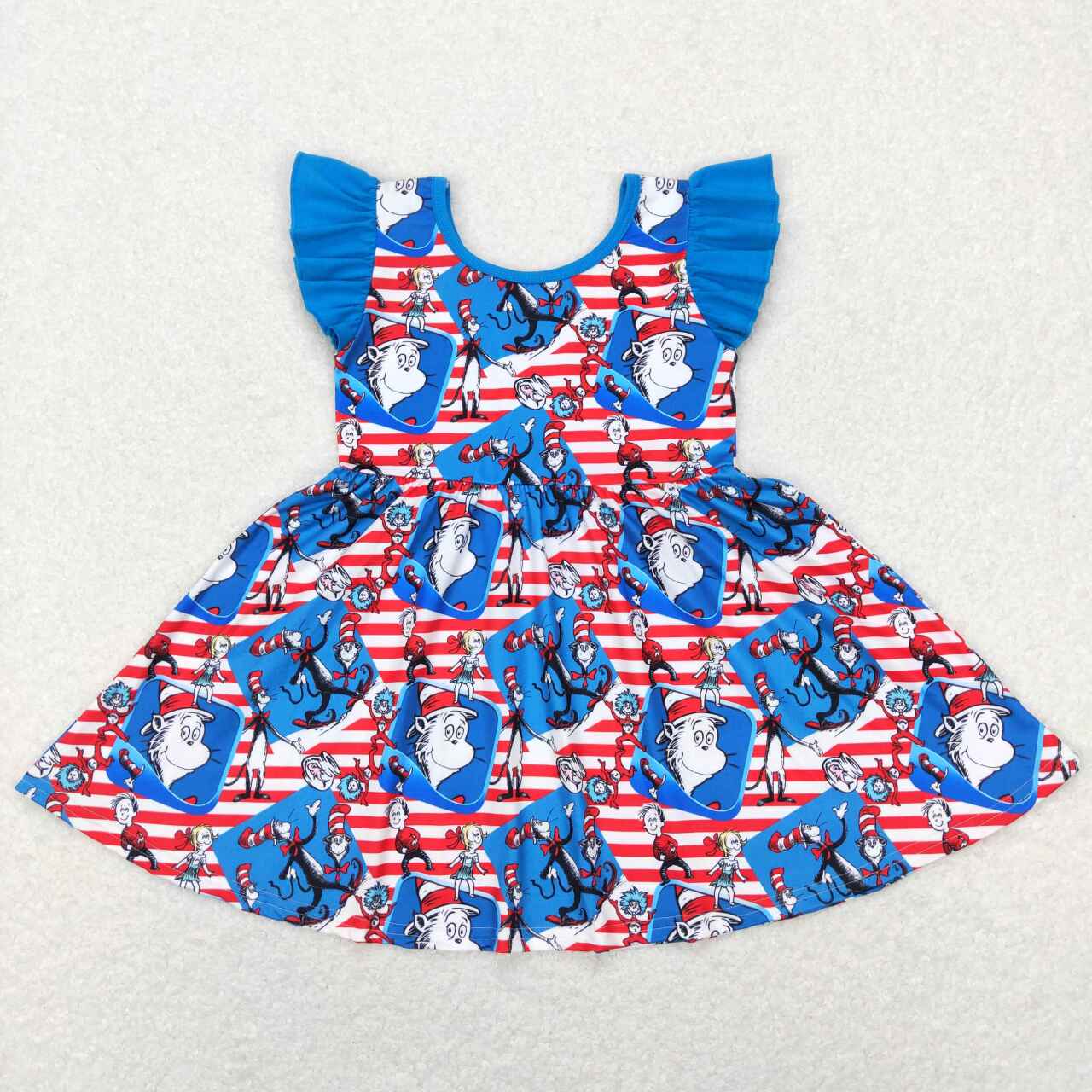GSD0567 Blue Dr. Reading Cat Print Girls Knee Length Dress