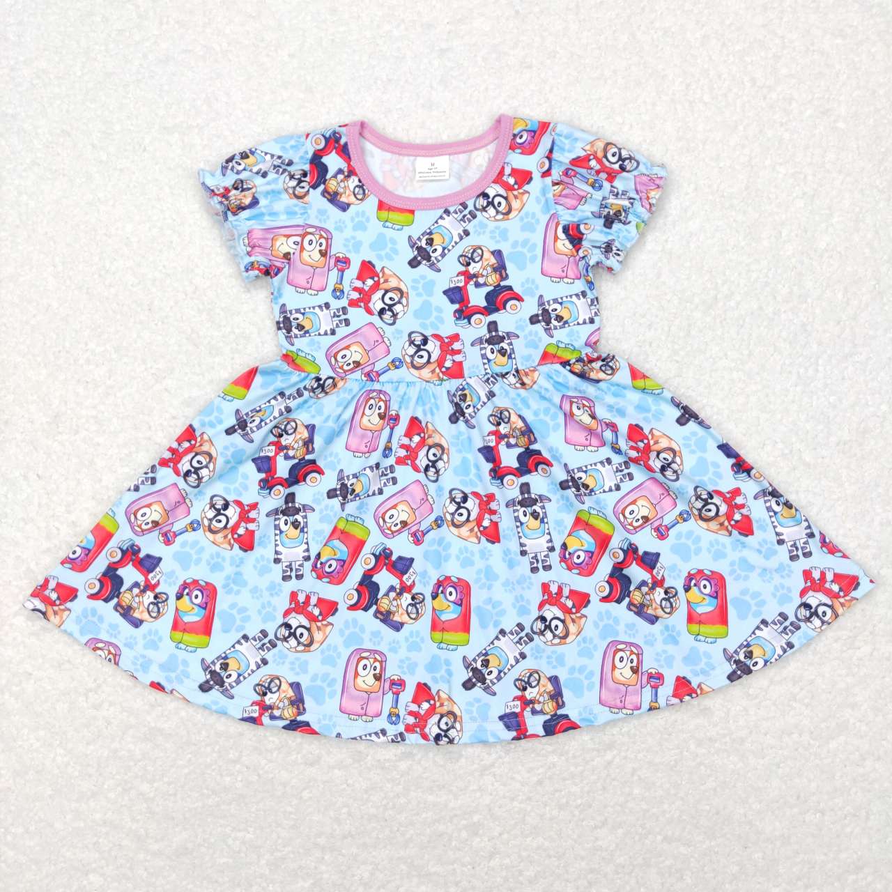 GSD0575 Blue Cartoon Dog Print Girls Knee Length Dress