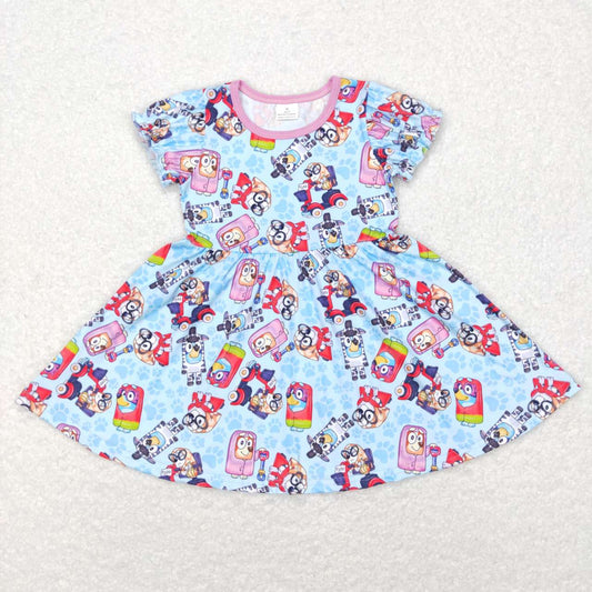 GSD0575 Blue Cartoon Dog Print Girls Knee Length Dress