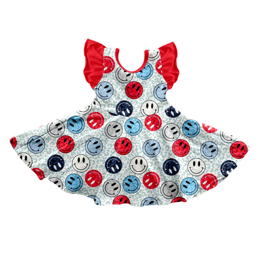 (Pre-order)GSD0588 Flutter Sleeve Smiling Face Print Girls Knee Length Dress