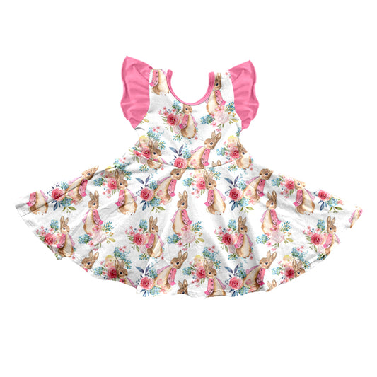 (Pre-order)GSD0589 Pink Flowers Bunny Print Girls Easter Knee Length Dress