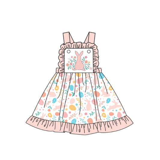 (Pre-order)GSD0592 Pink Flowers Bunny Print Girls Easter Knee Length Dress