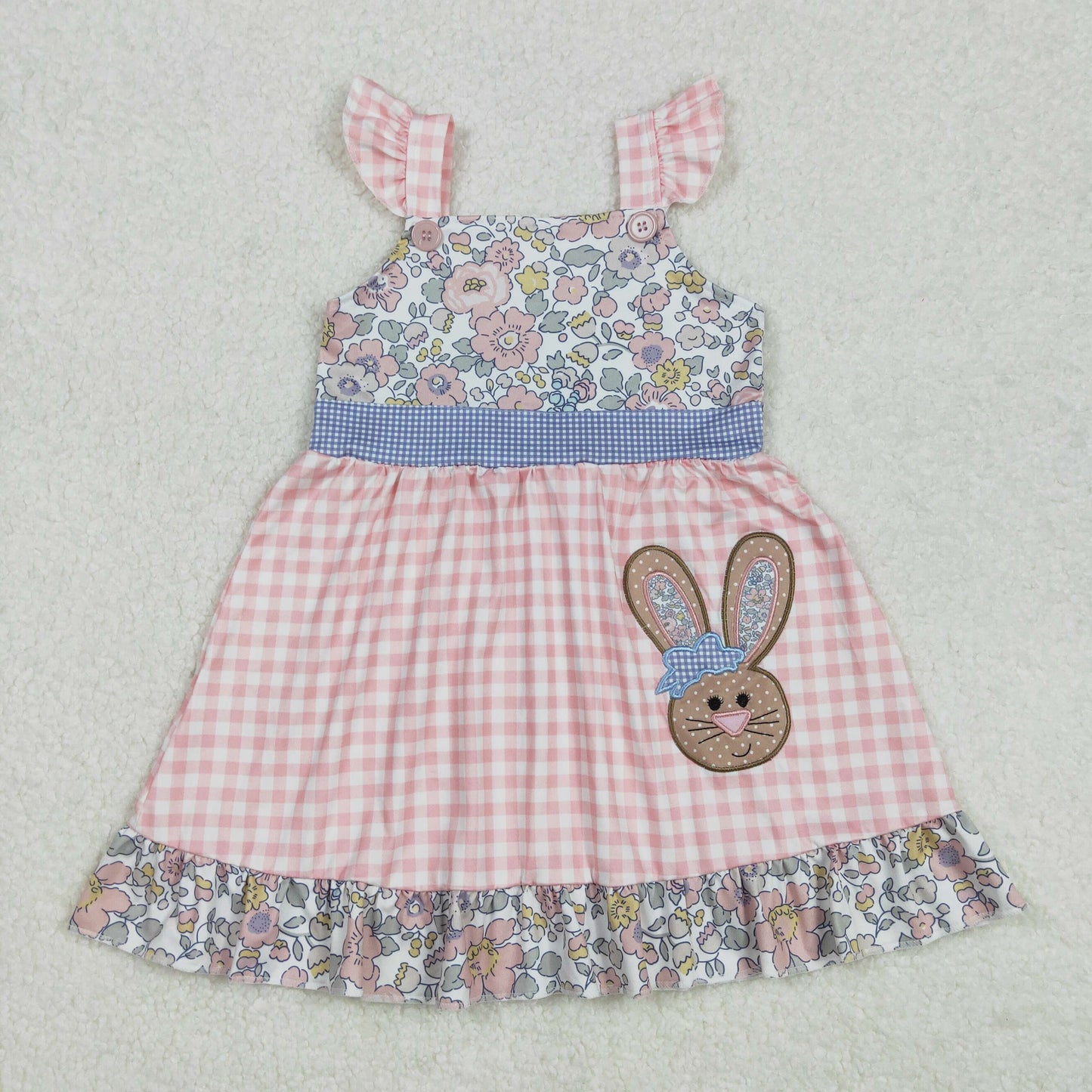 GSD0593 Bunny Embroidery Flowers Plaid Print Girls Easter Knee Length Dress