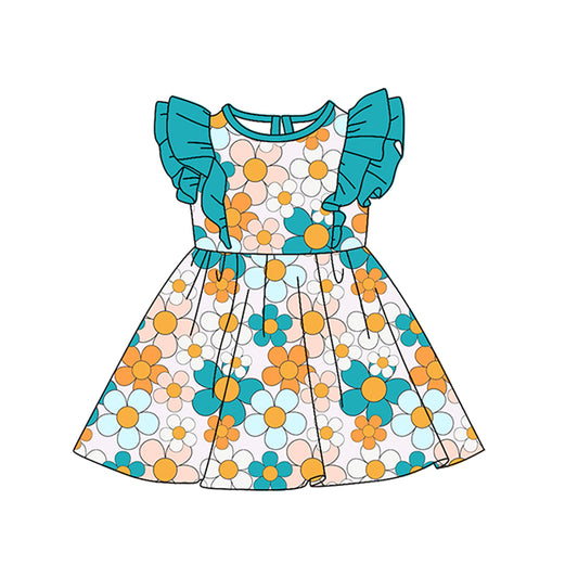 (Pre-order)GSD0598 Flutter Sleeves Blue Flowers Print Girls Knee Length Dress