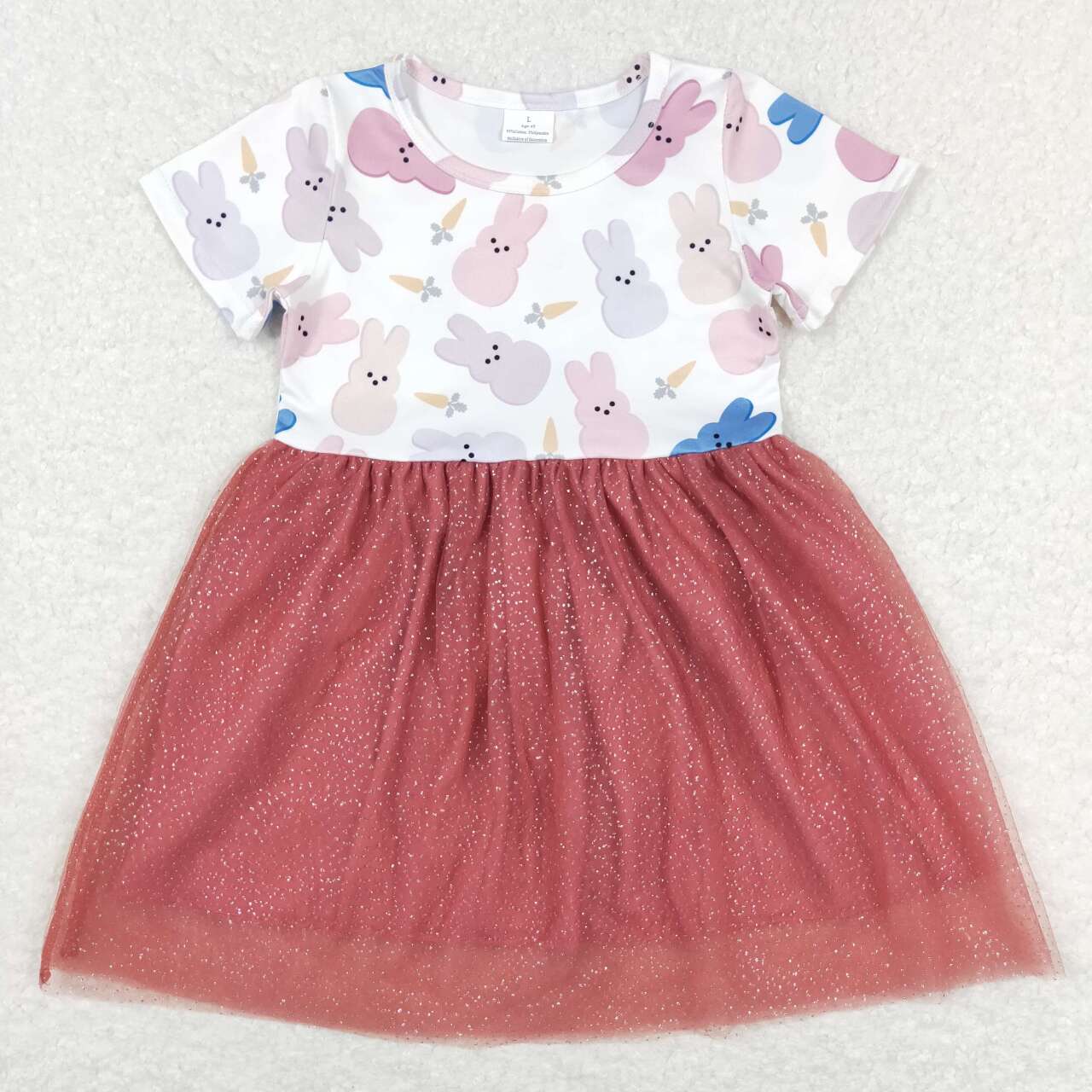 GSD0604 Bunny Print Girls Tulle Knee Length Easter Dress