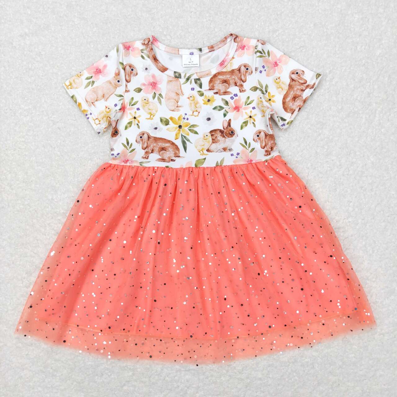 GSD2445 Bunny Flowers Print Girls Tulle Knee Length Easter Dress