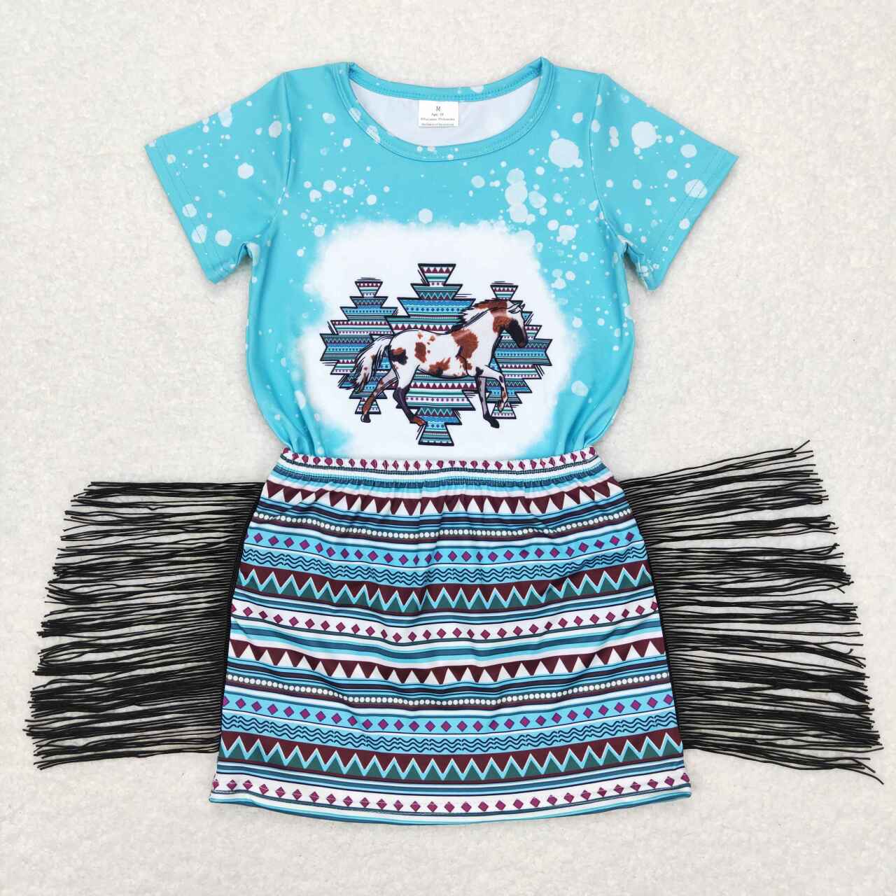GSD0607 Blue Aztec Horse Print Girls Tassels Skirts Summer Clothes Set