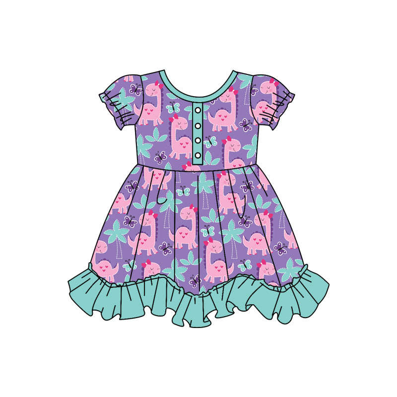 (Pre-order)GSD0677 Cute Purple Dino Print Girls Summer Knee Length Dress