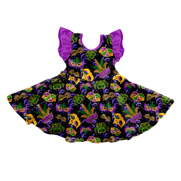 (Pre-order)GSD0700 Purple Mask Print Girls Mardi Gras Dress