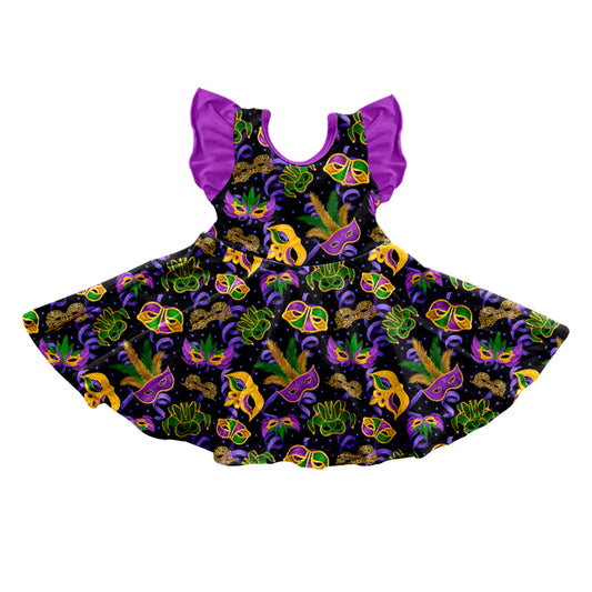 (Pre-order)GSD0700 Purple Mask Print Girls Mardi Gras Dress