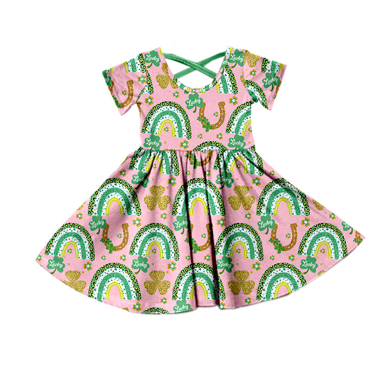 (Pre-order)GSD0704 Rainbow Gold Print Girls St. Patrick's Knee Length Dress