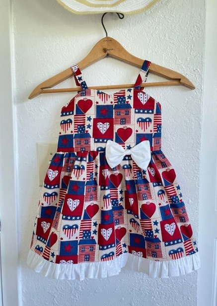 (Pre-order)GSD0709 Heart Flag Print Girls 4th of July Knee Length Dress