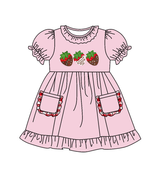 (Pre-order)GSD0730 Strawberry Chocolate Print Pink Pockets Girls Summer Knee Length Dress