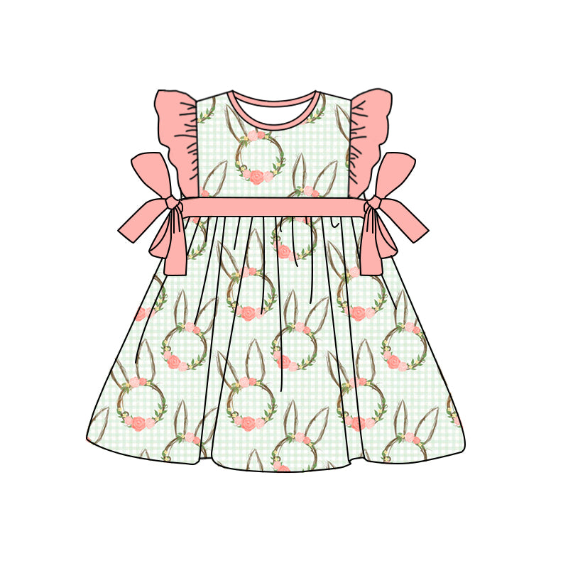 (Pre-order)GSD0731 Bunny Flowers Print Girls Easter Knee Length Dress