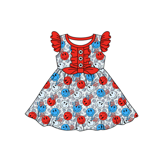 (Pre-order)GSD0732 USA Smiling Face Print Girls 4th of July Knee Length Dress